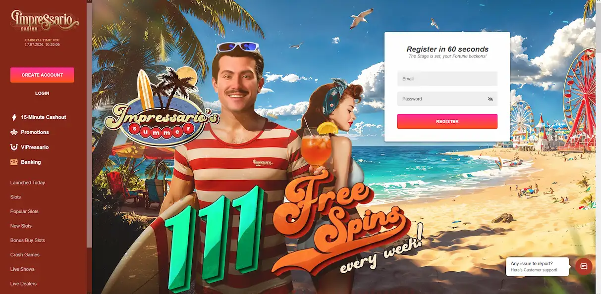 Startseite von Impressario Casino mit Spielelobby und Willkommensbonus